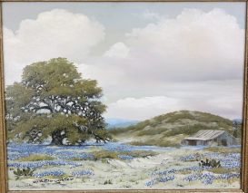 WILLIAM A.SLAUGHTER(1923-2003)-Bluebonnet Landscape with Windmill-ÖL/SIGNIERT 